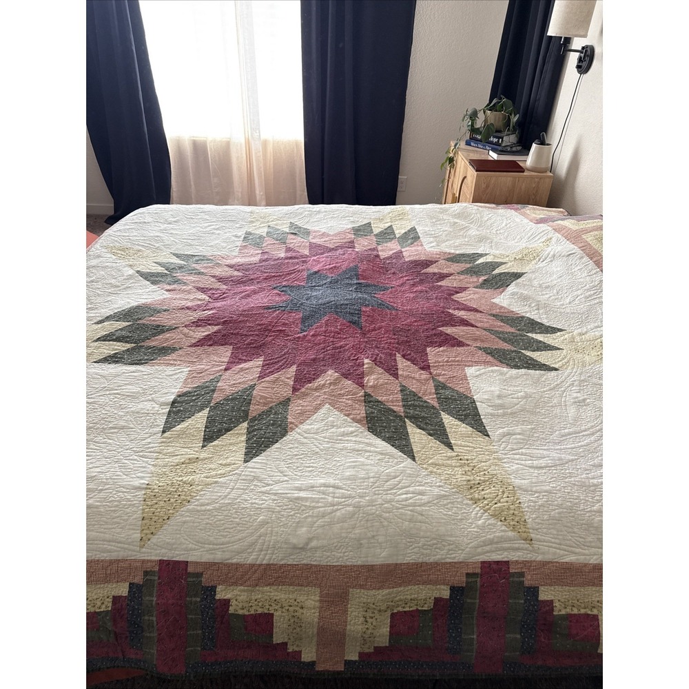 Lone Star Queen/king Quilt Blue Green Cream White 88"x90"Hand Stitching Vtg 1980